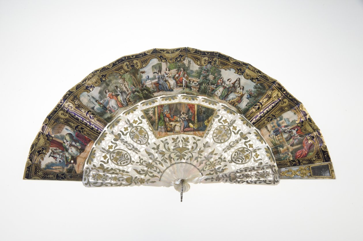 Fã, c.1860, Papel impresso e pintado, mãe de pérolas, ouro, prata e metais de cobre, e espelho, Criador desconhecido de Unknown artist
