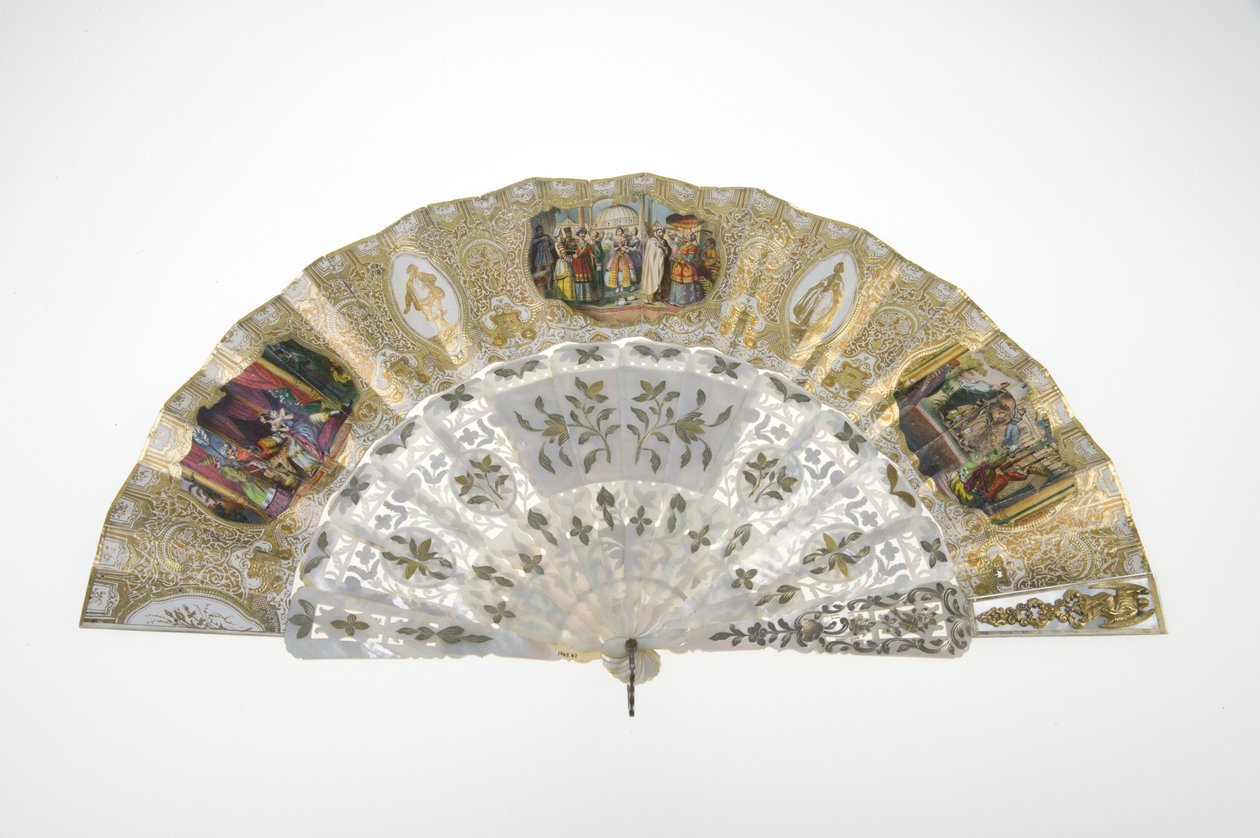 Fã, c.1860, Papel impresso e pintado, mãe de pérolas, ouro, prata e metais de cobre, e espelho, Criador desconhecido de Unknown artist