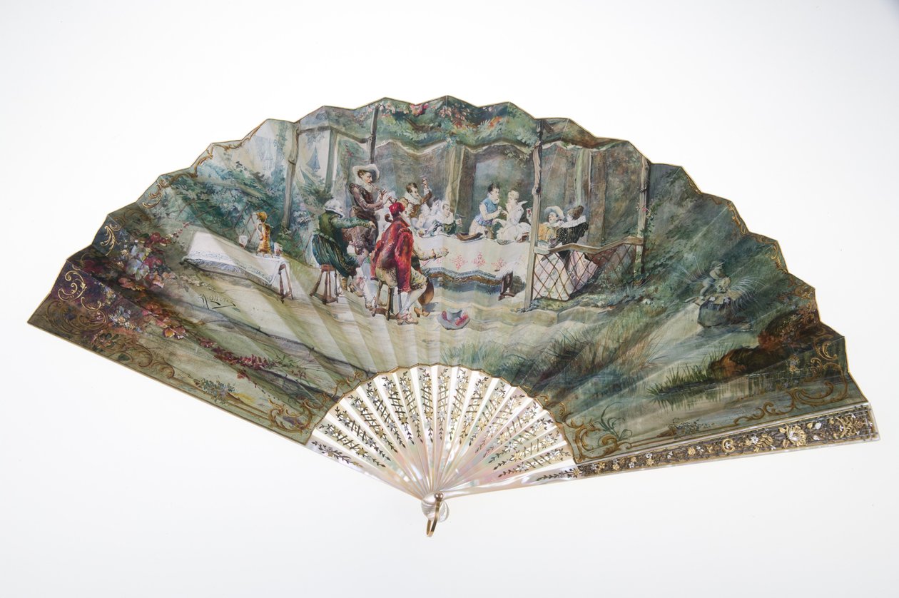 Ventilador, c.1870, Papel impresso e pintado, mãe de pérolas, ouro, prata e metais de cobre, e espelho, Criador desconhecido de Unknown artist