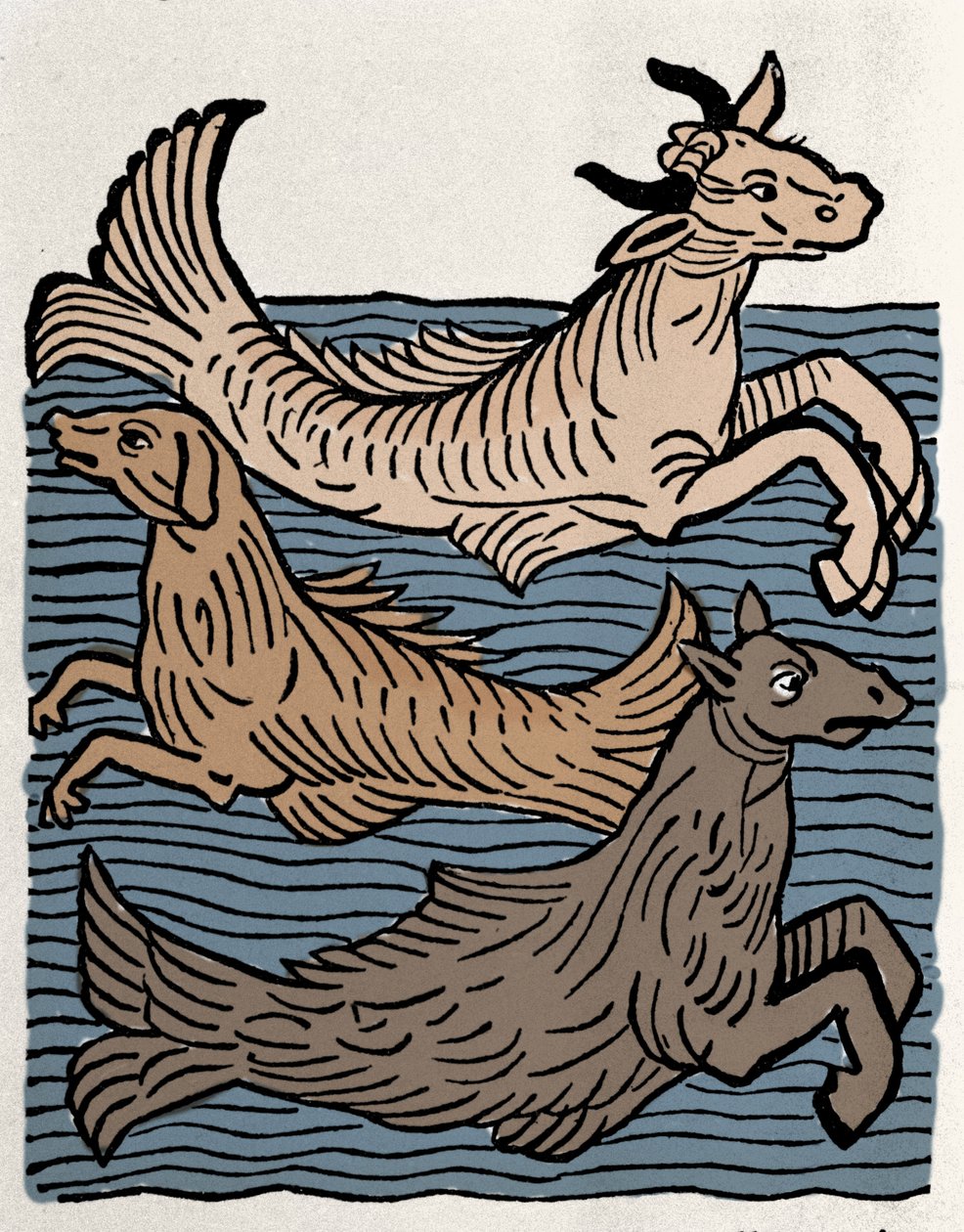 Criaturas fantásticas: representação de uma vaca, um cão e um cavalo marinho. Gravura de "Hortus sanitatis". de Unknown artist