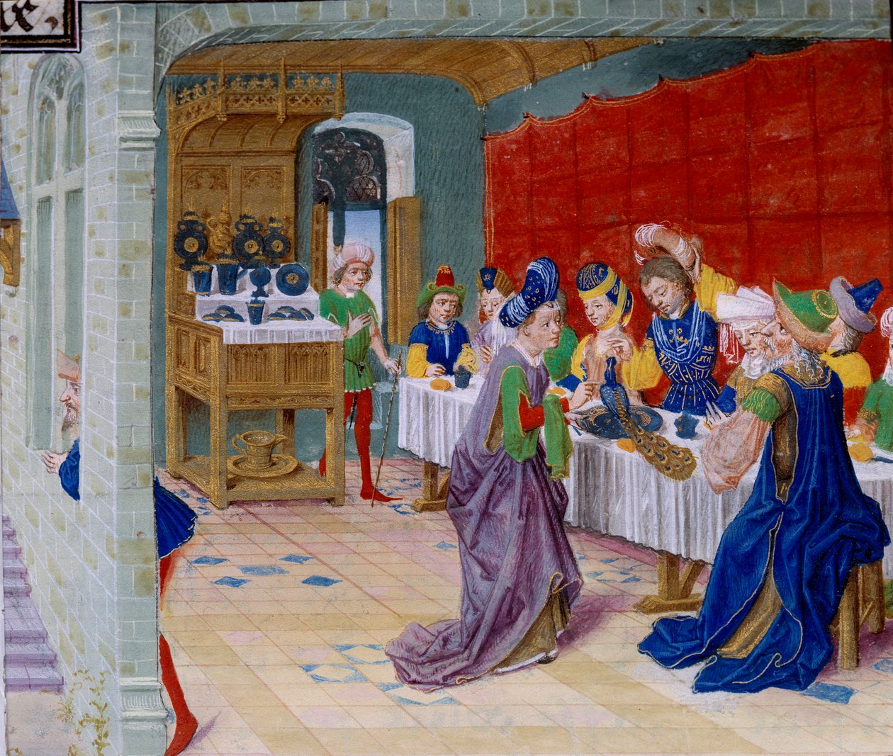 Na cena da refeição, um pavão é servido sobre a mesa. Miniatura tirada de "La Vraye Histoire du Bon Roy Alixandre" de Callisthenes, ou Kallisthenes (c. 360-328 BC) de Unknown artist