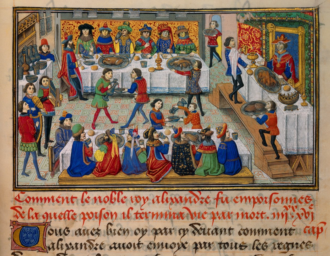 Cena de refeição festiva, servida pelo Rei Alexandre e seus cortesãos nos últimos dias de sua vida. Miniatura tirada de "La Vraye Histoire du Bon Roy Alixandre" de Callisthenes, ou Kallisthenes (c. 360-328 a.C.) de Unknown artist