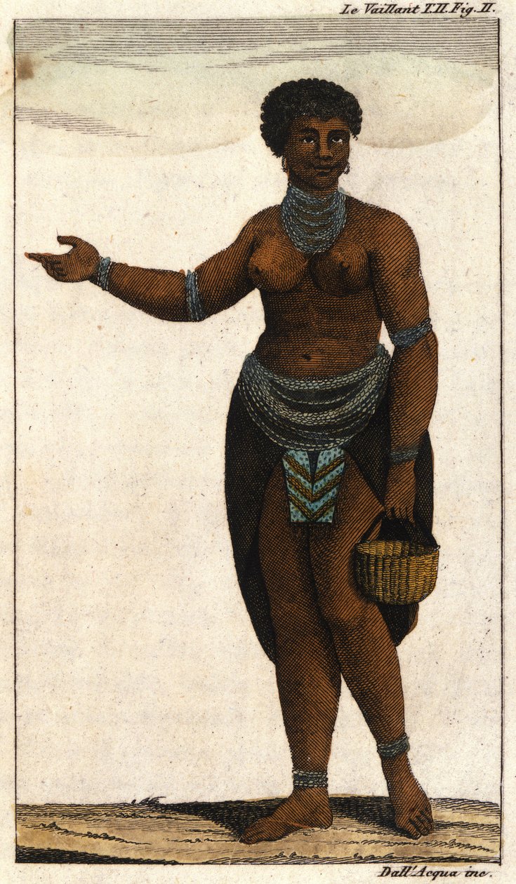 Membro feminino da tribo sul-africana de Hottentots, gravura de 1820. de Unknown artist
