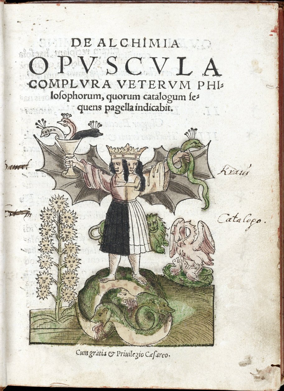 Mulher coroada, com dupla face, de pé sobre um animal monstruoso, que brande uma taça e uma cobra - Frontispício da coleção De Alchimia opvscvla complvra vetervm philosophorum (Obra de alquimia segundo os filósofos antigos) de Cyriacus Jacob (ato de Unknown artist