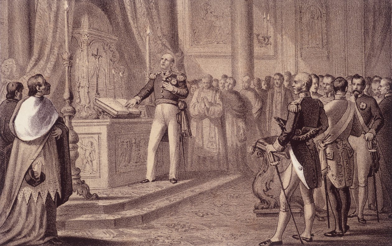 Ferdinand I de Bourbon ou Ferdinand IV (1751 - 1825), Rei de Nápoles, inaugurou a constituição de 1820 - em “” Storia d&39;Italia ”” de Unknown artist