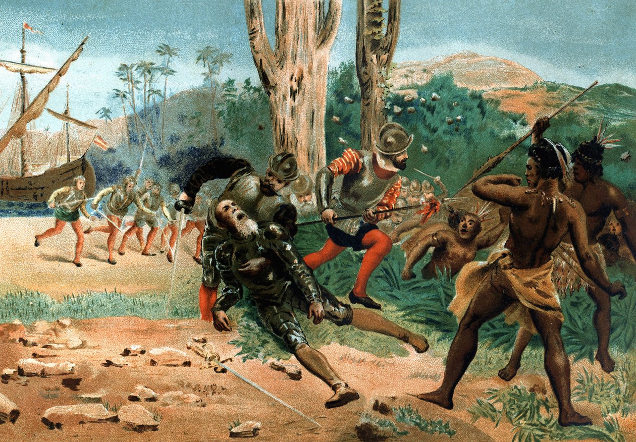 Fernand de Magalhães morreu (cerca de 1480-1521), navegador português, morto na ilha de Mactan (Filipinas) em 27 de Abril de 1521. depois de hombres y Mujeres celebrarem. Barcelona 1877. de Unknown artist