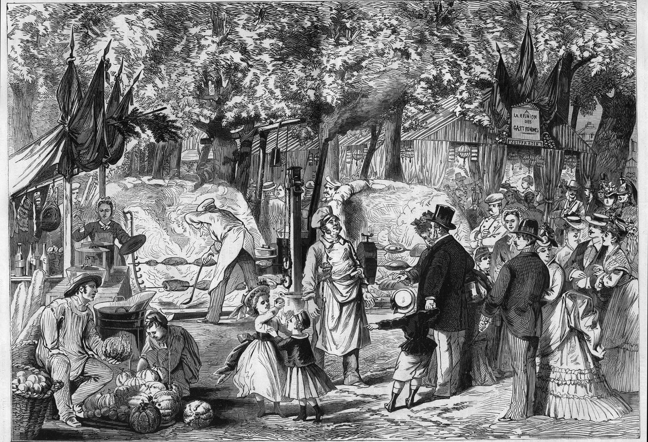 Fete des Loges: Um rotisserie instalado na floresta de Saint Germain (Saint-Germain), perto de Paris de Unknown artist