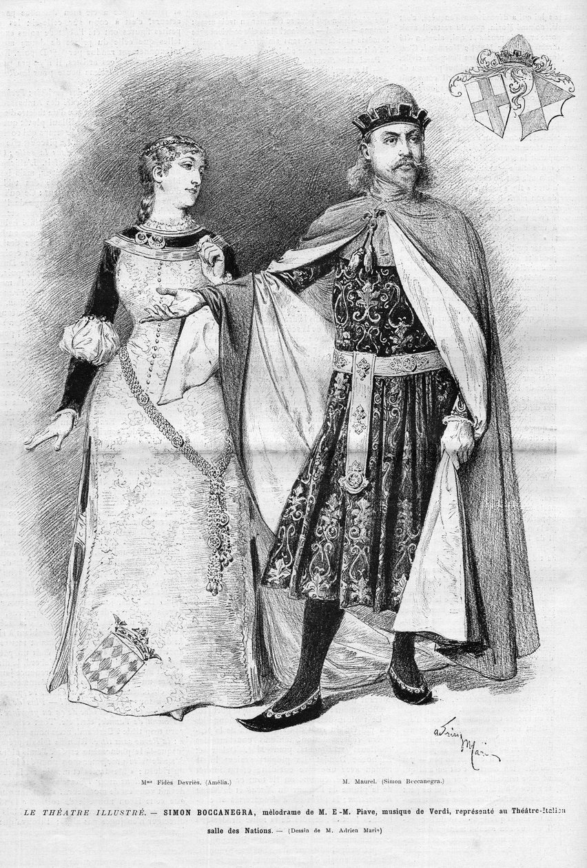 Fides Devries no papel de Amélia e Victor Maurel (1848 -1923) no de Simon Boccanegra na ópera epônimo em três atos de Giuseppe Verdi, um libreto de Francesco Maria Piave depois de uma peça de Antonio Garcia Gutierrez, representante no Itali de Unknown artist