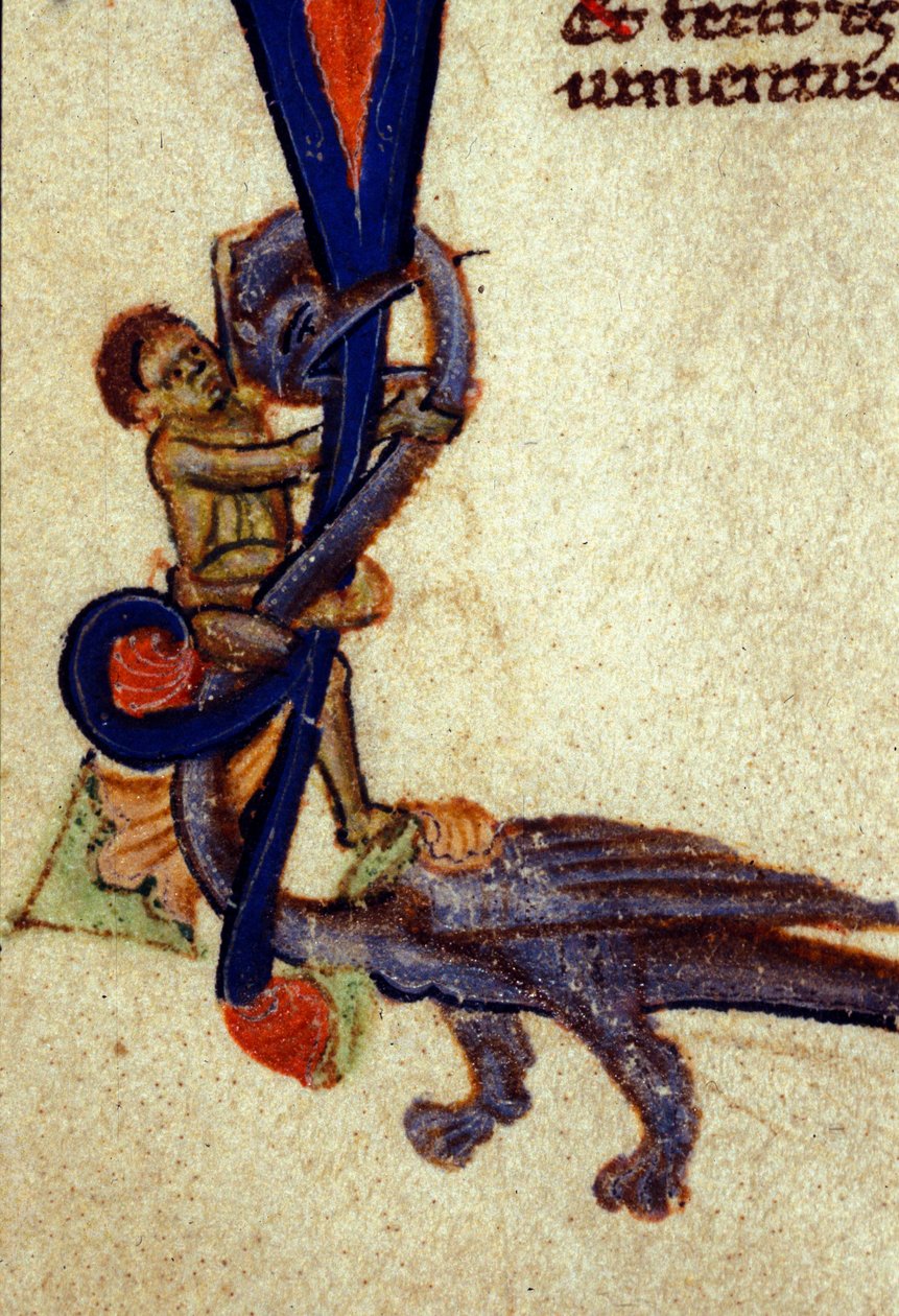 Luta entre um dragão e um homem Detalhe de uma miniatura do século XIV de Unknown artist