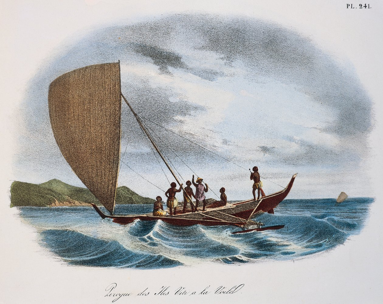 Canoa à vela fijiana, gravação a cores de Unknown artist