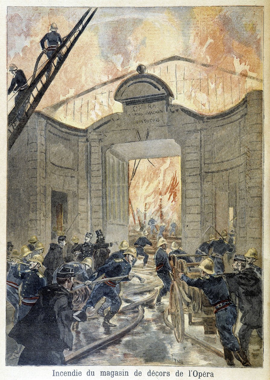 Intervenção dos bombeiros durante o incêndio da loja de decoração da ópera. ilustração do "Petity Journal" em 1894. de Unknown artist
