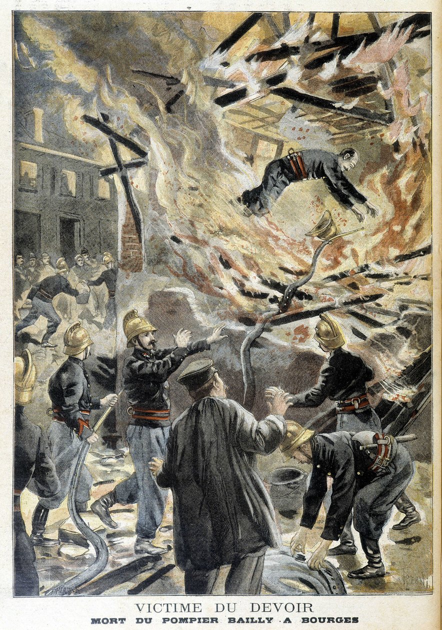 O bombeiro Bailly morreu em Bourges, num incêndio durante uma intervenção. Ilustração do "Little Journal" de 1898. de Unknown artist