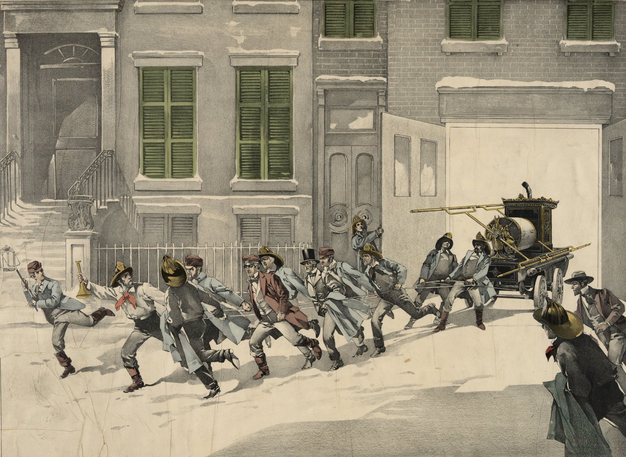 Os bombeiros partem chamadas de emergência no local do incêndio, aguarela de 1895. EUA de Unknown artist