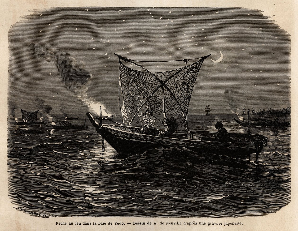 A pesca ao fogo na baía de Yedo (ou Edo, hoje Tóquio), durante a noite, cada barco transporta uma espécie de grelha nas luzes da frente, a luz atrai peixes que são apanhados com uma grande rede. Gravura para ilustrar o Japão, história de viagem de Aime Hum de Unknown artist