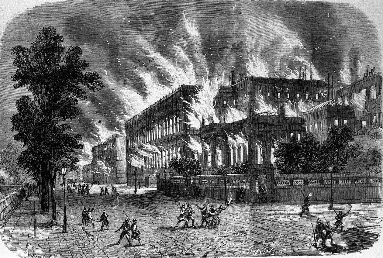 Incêndio do Tribunal de Contas e da Legião de Honra a 23 de Março de 1871, durante a Comuna de Paris. Gravura do século XIX. de Unknown artist