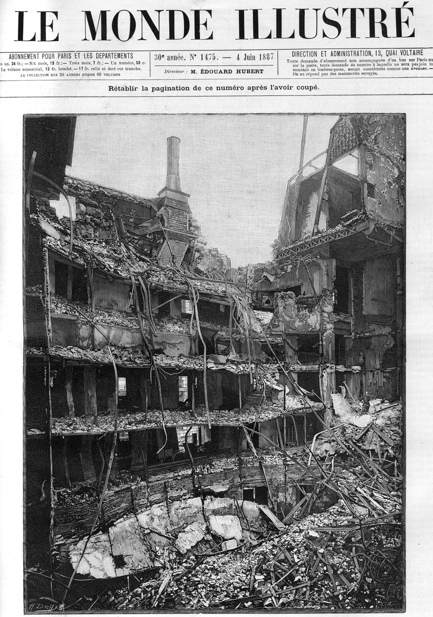Incêndio da Ópera Comique (Opera-Comique) em Paris, em 25 de Maio de 1887, durante a interpretação do primeiro acto de "Mignon" de Ambroise Thomas. As ruínas interiores. Lodges e galerias vistas da cena da frente, jardim lateral. Gravura em "Le monde illus de Unknown artist