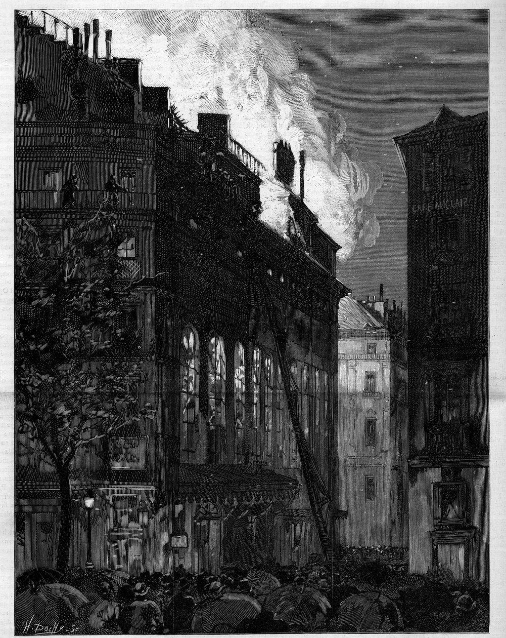 Incêndio da Ópera Comique (Opera-Comique) em Paris visto da Rue Marivaux e Boulevard des Italians em 26 de Maio de 1887. Gravura em "Le monde illustrious" (O monde ilustre) de Unknown artist