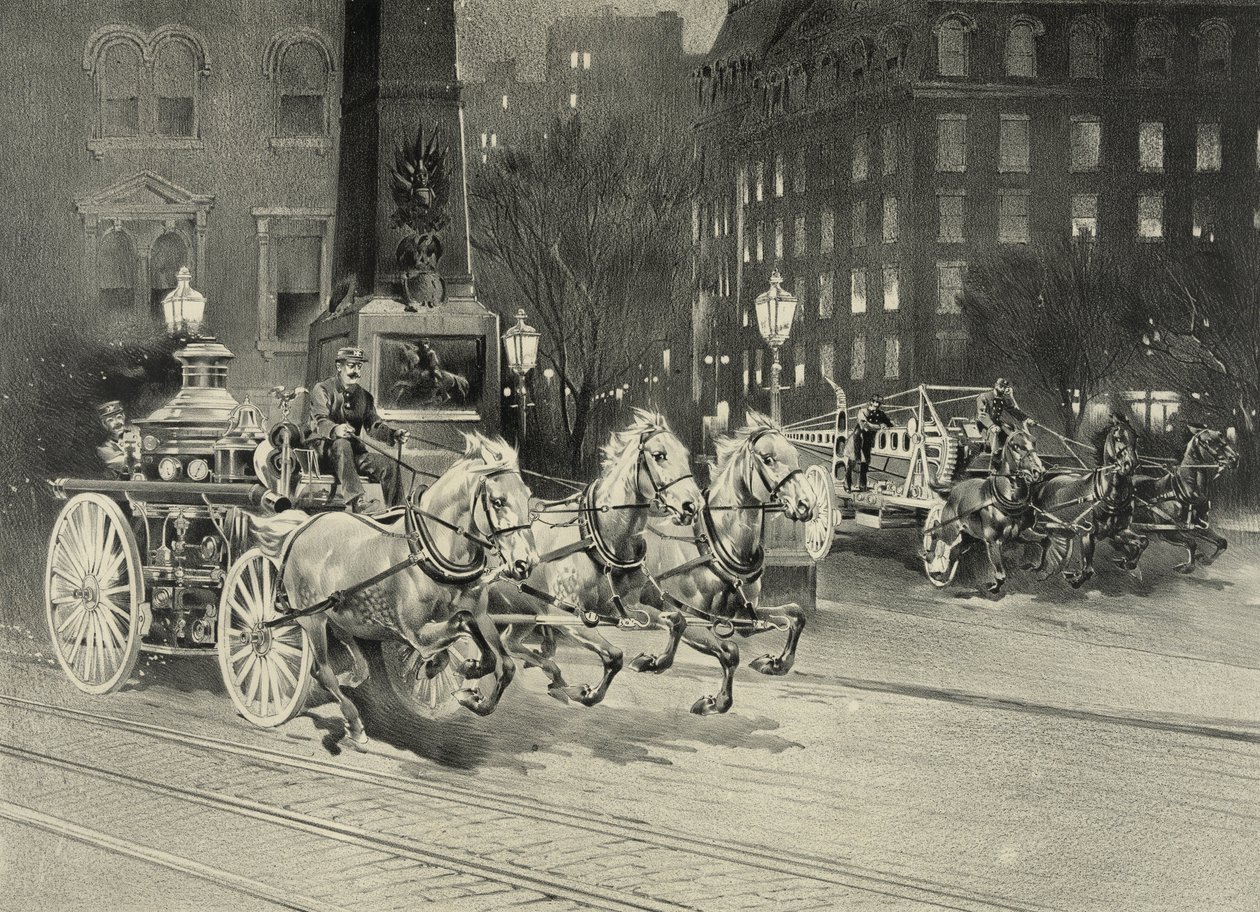 Veículo de bombeiros puxado por cavalos que chegam ao local do incêndio. EUA. 1895 de Unknown artist