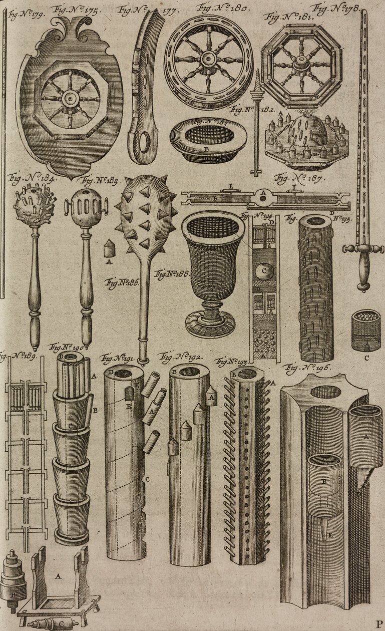 Rodas de fogo e tubos de lançamento de fogo de artifício, gravura de Grand Art d