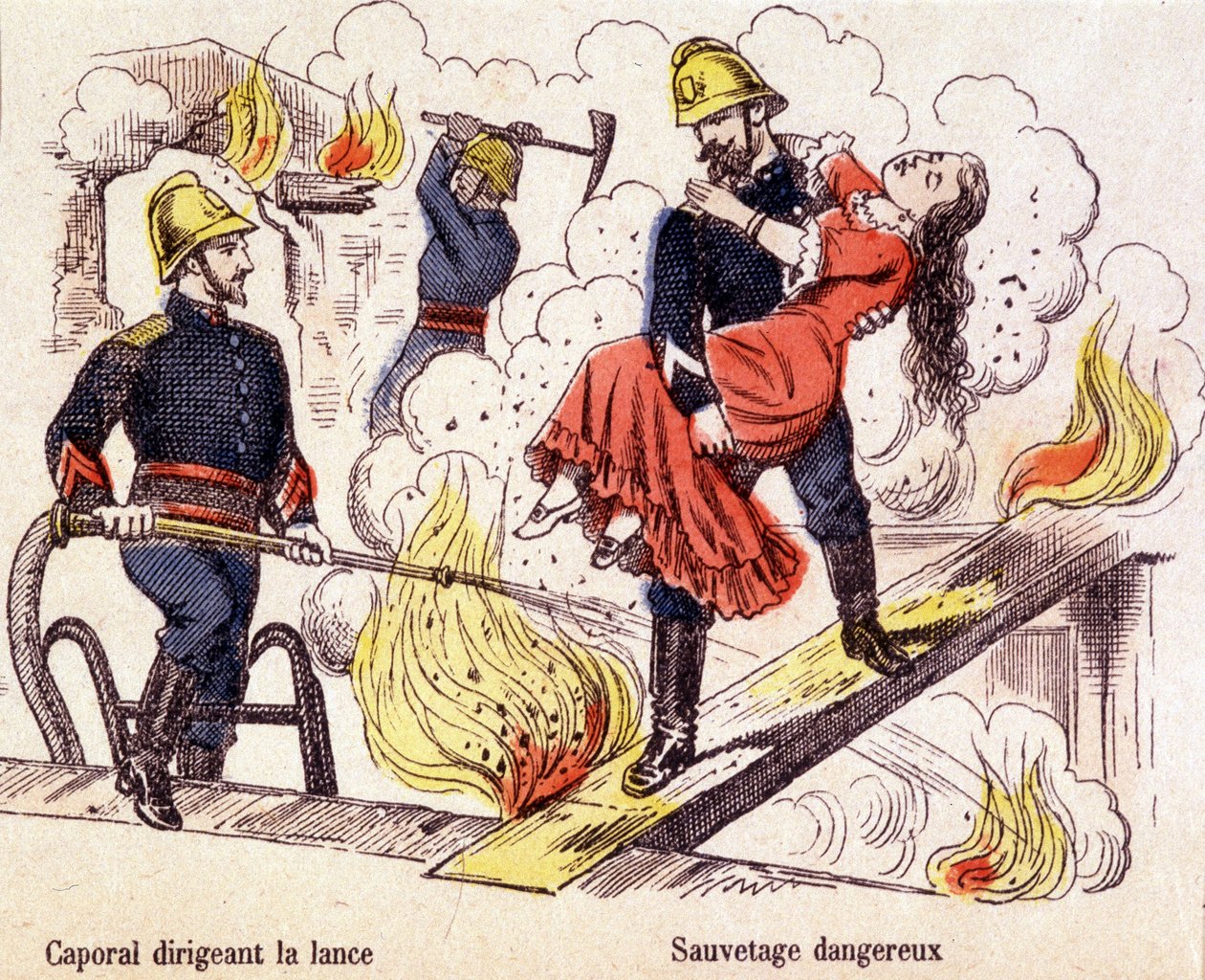 Bombeiro a resgatar uma jovem mulher das chamas de um incêndio. de Unknown artist