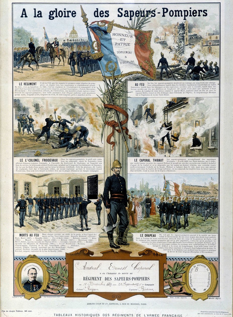 Bombeiros: À glória dos Sapeurs - em "Pinturas históricas dos regimentos do exército francês" cerca de 1890 de Unknown artist