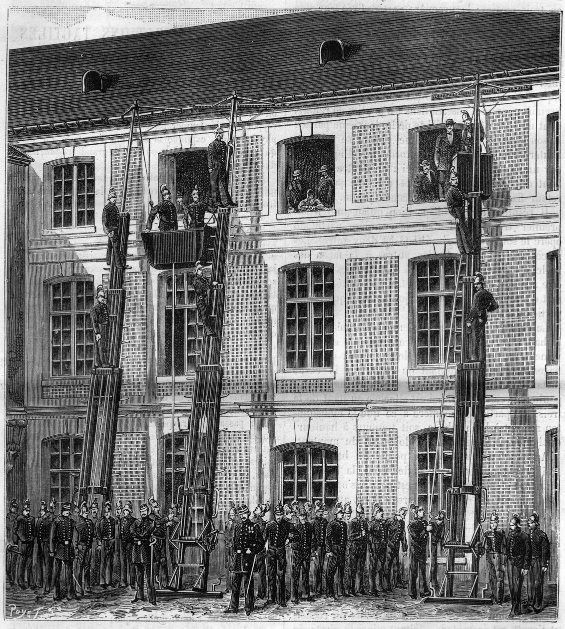 Bombeiros a bordo do novo elevador de resgate para experiências de incêndio em Rouen, na antiga Escola Normal. Gravura em "La Nature". de Unknown artist
