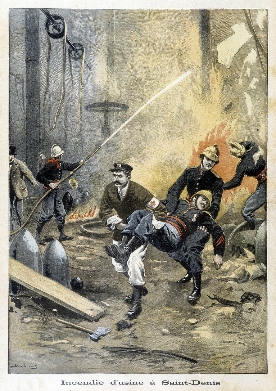 Bombeiros a intervir durante um incêndio em Usine, em Saint Denis. Ilustração do "Petity Journal" de 1899. de Unknown artist