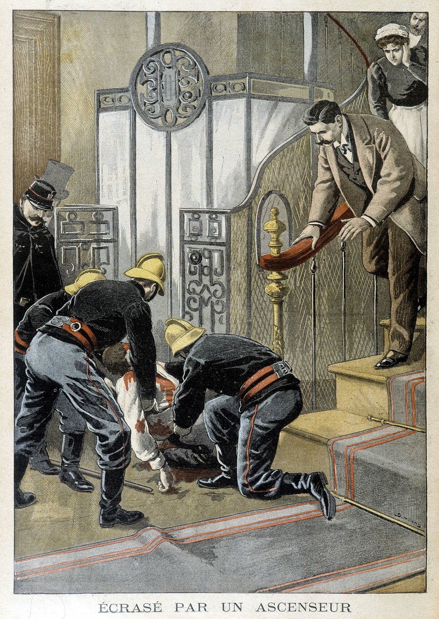 Bombeiros resgatando um homem cai de elevador em um prédio parisiense. Ilustração do "Little Journal" de 1899. de Unknown artist