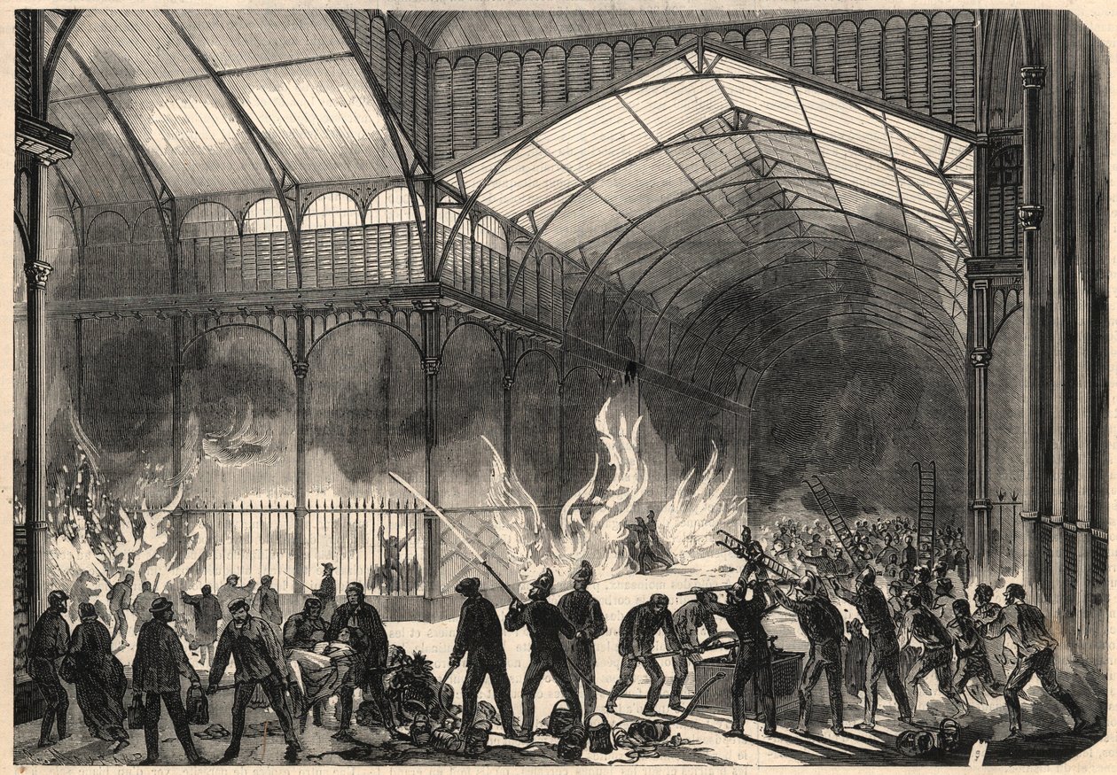 Bombeiros tentando deter o incêndio dos Salões Centrais em Paris, 10 de julho de Unknown artist
