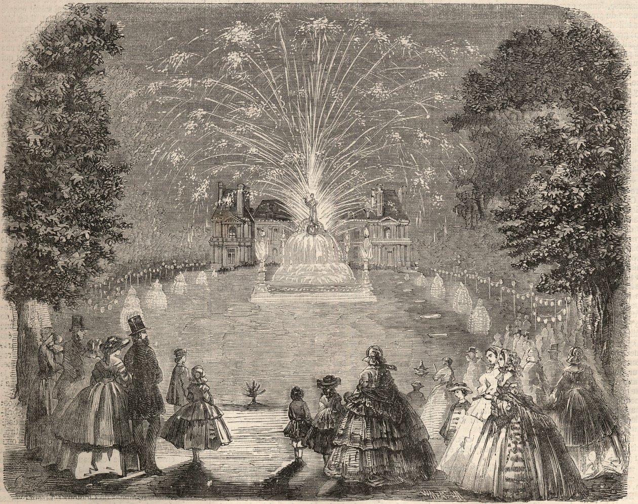 Fogo de artifício e iluminação do castelo de Maison Laffitte (House-Laffitte) na noite do concurso do comité agrícola. Gravura em "Le Monde illustrious" de 1857. Colecção privada. de Unknown artist
