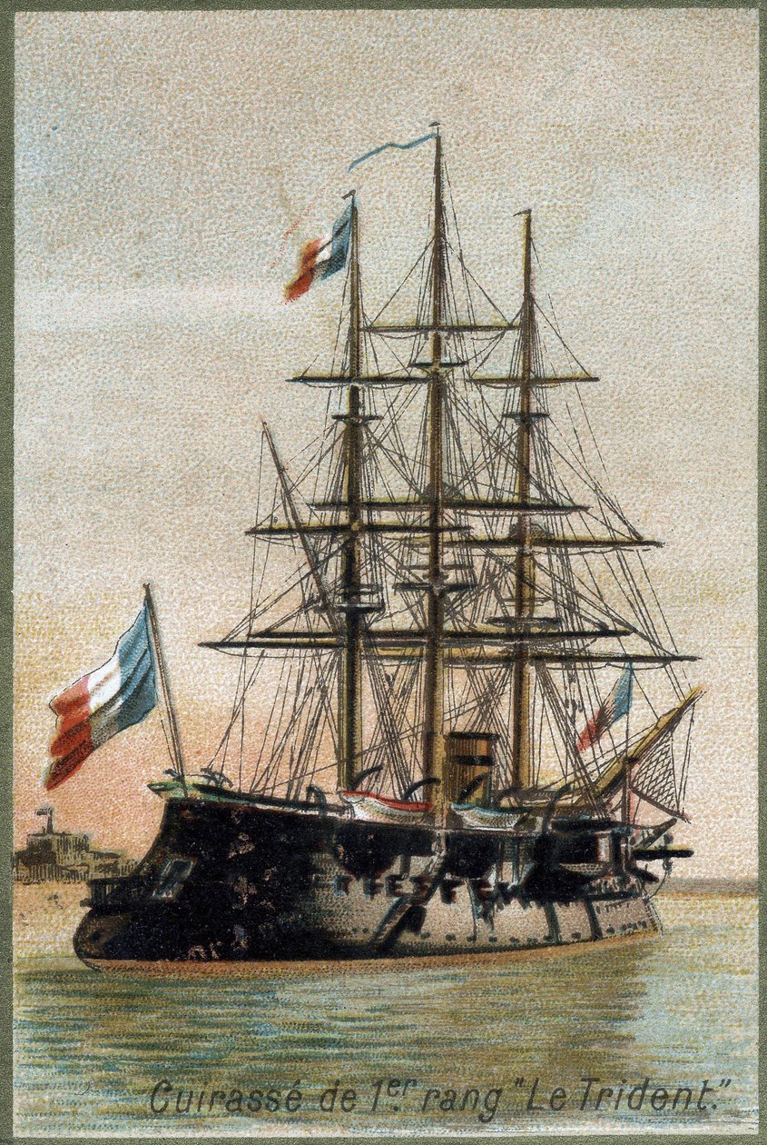 Primeiro navio de guerra "The Trident". Por volta de 1890. A cromolitografia do século XIX. de Unknown artist