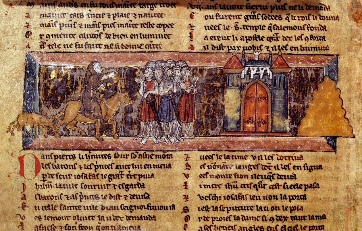 Primeira Cruzada (1096-1099): Pedro o Eremita (1050 - 1115), líder religioso francês da Primeira Cruzada Harangue les Croises. Manuscrito do Cavaleiro para o Cisne de Unknown artist