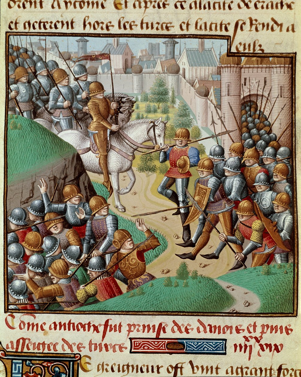 Primeira Cruzada: "A Conquete de Antioquia" Batalha travada sob as muralhas de Antioquia entre as fronteiras de Boémond e o exército de Karbouka, general do Sultão da Pérsia, em Junho de 1098. Miniatura em "Le miroir historiale" (ms.). de Unknown artist
