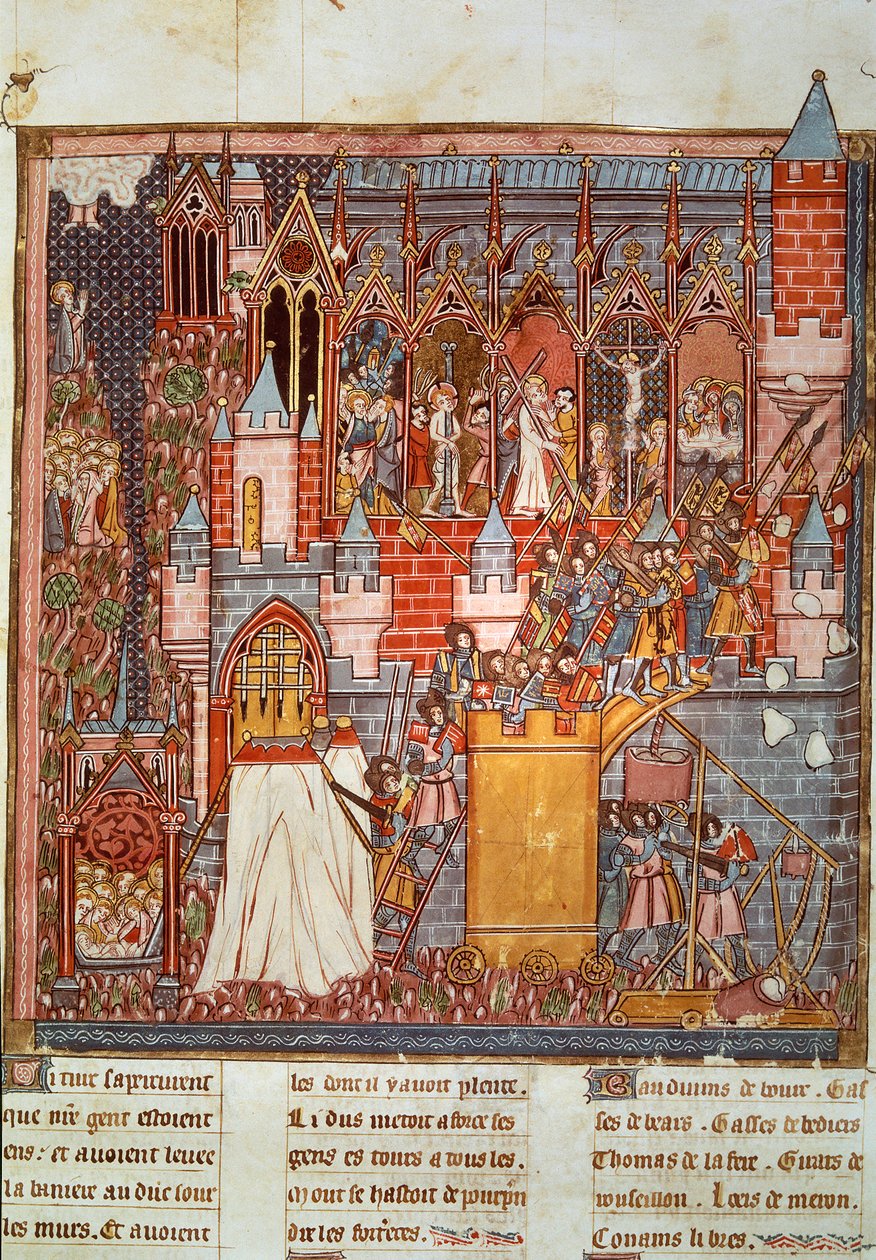 Primeira Cruzada: o cerco e a captura de Jerusalém pelas travessias conduzidas por Godefredo de Bouillon (1058-1100) em 1099. Miniatura de "Chronicles d
