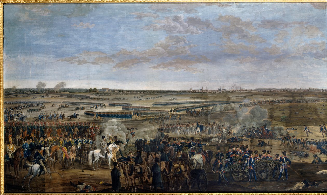 Primeiro Império: Imperador Napoleão I (1769-1821) (sobre o cavalo branco) na Batalha de Leipzig (Batalha das Nações), 16-19 de outubro de Unknown artist