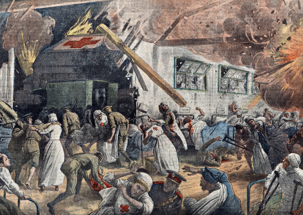 Primeira Guerra Mundial: bombardeamento de um hospital inglês por esquadrões alemães, junho de 1918 Ilustração de "Le pelerin" 18/06/1918 Coleção particular de Unknown Artist