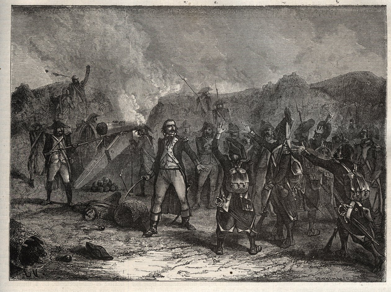 Primeira coligação: Coronel Antoine Guillaume (Antoine-Guillaume) Ramponte (1759-1842) na Batalha de Montenotte em 12 de abril de 1796, durante a campanha italiana contra as tropas francesas de Napoleão Bonaparte contra as armees austríaca e sarda - france de Unknown artist