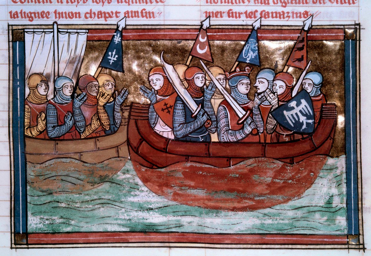 Primeira cruzada: Godefroi de Bouillon (1060-1100) e as travessias em direcção à Terra Santa. Miniatura de "Roman De Godefroy De Bouillon et de Saladin". de Unknown artist