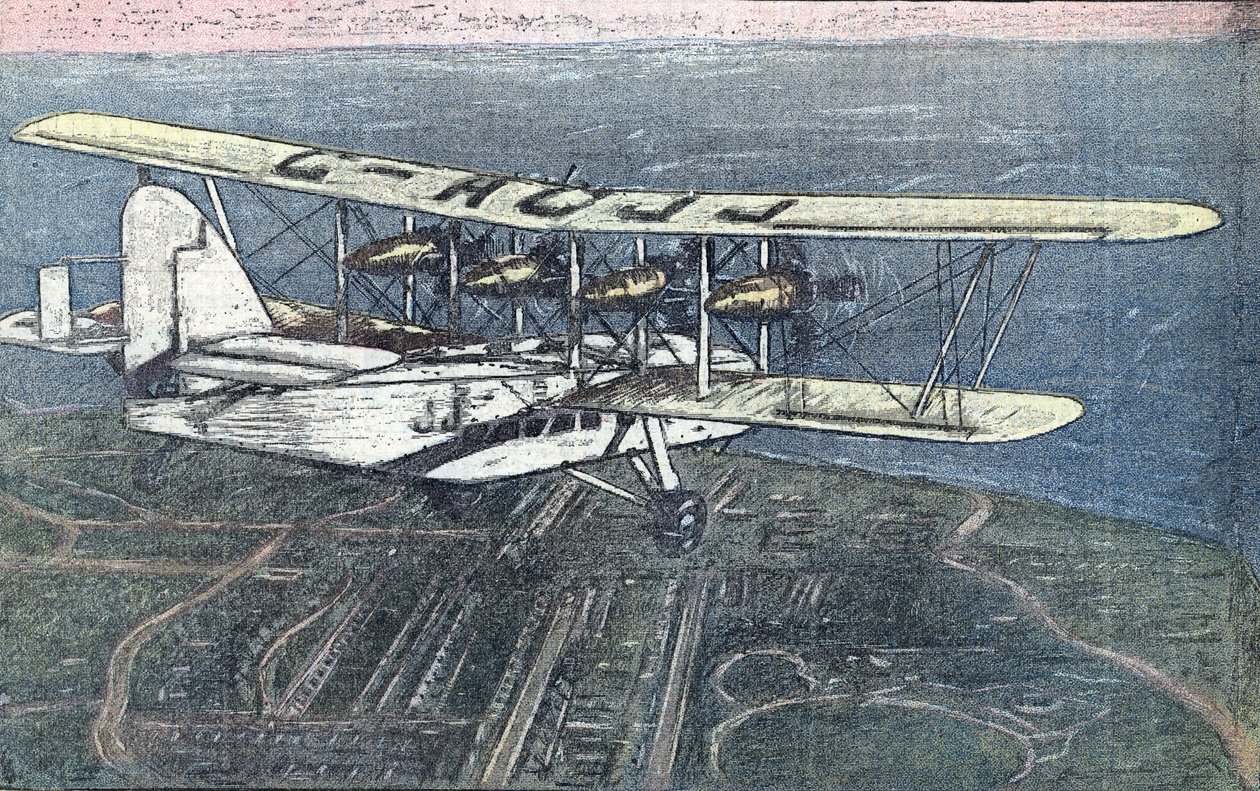 Primeiro voo do avião Short Scylla entre Londres e Paris, junho de 1934 De "Le pelerin" junho de 1934 Coleção particular de Unknown Artist