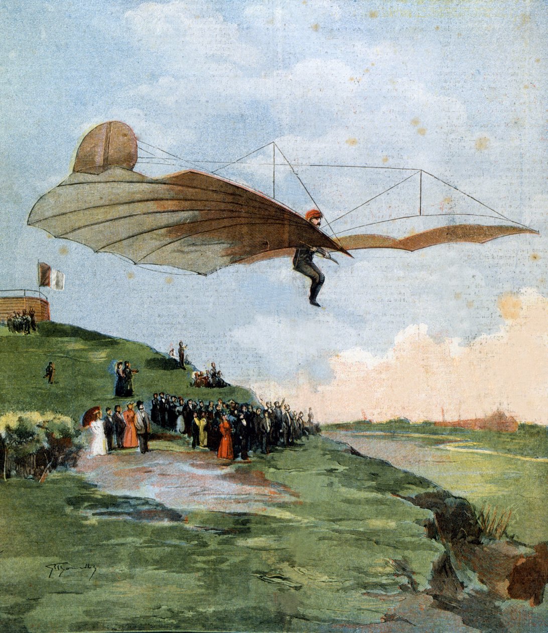 Primeiro teste de planeio de Otto Lilienthal (1848-1896), um engenheiro alemão, na sua aeronave em 1894 de Unknown artist