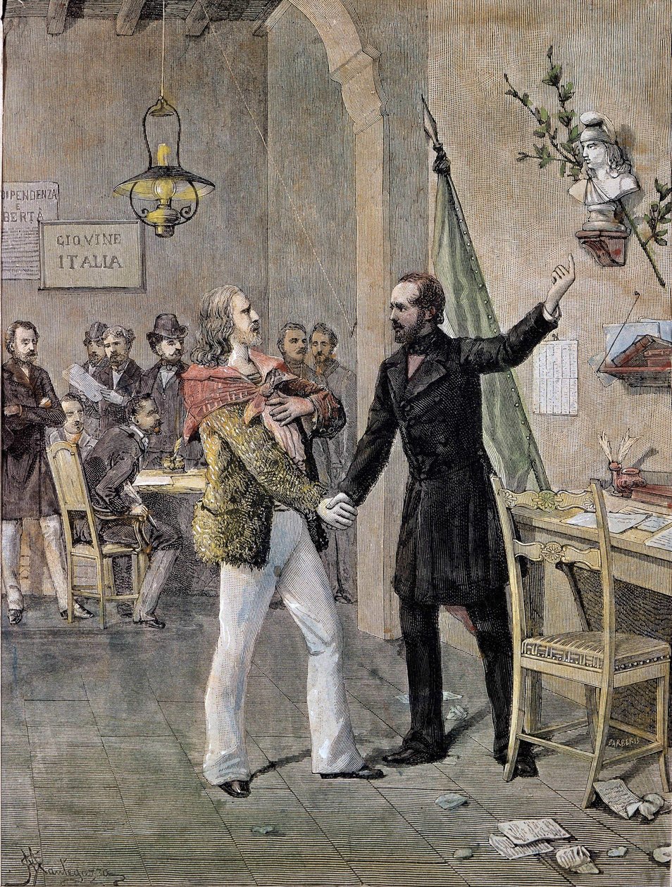 Primeiro encontro entre Giuseppe Garibaldi e Giuseppe Mazzini em Marselha, em 1833 (gravura) de Unknown artist