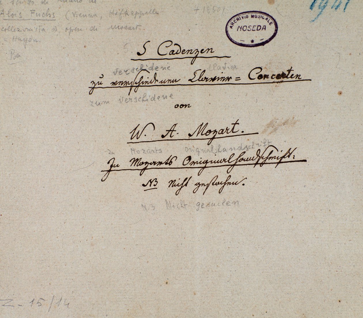 Primeira página de um manuscrito de 5 cadências para piano de Mozart (manuscrito de Unknown artist