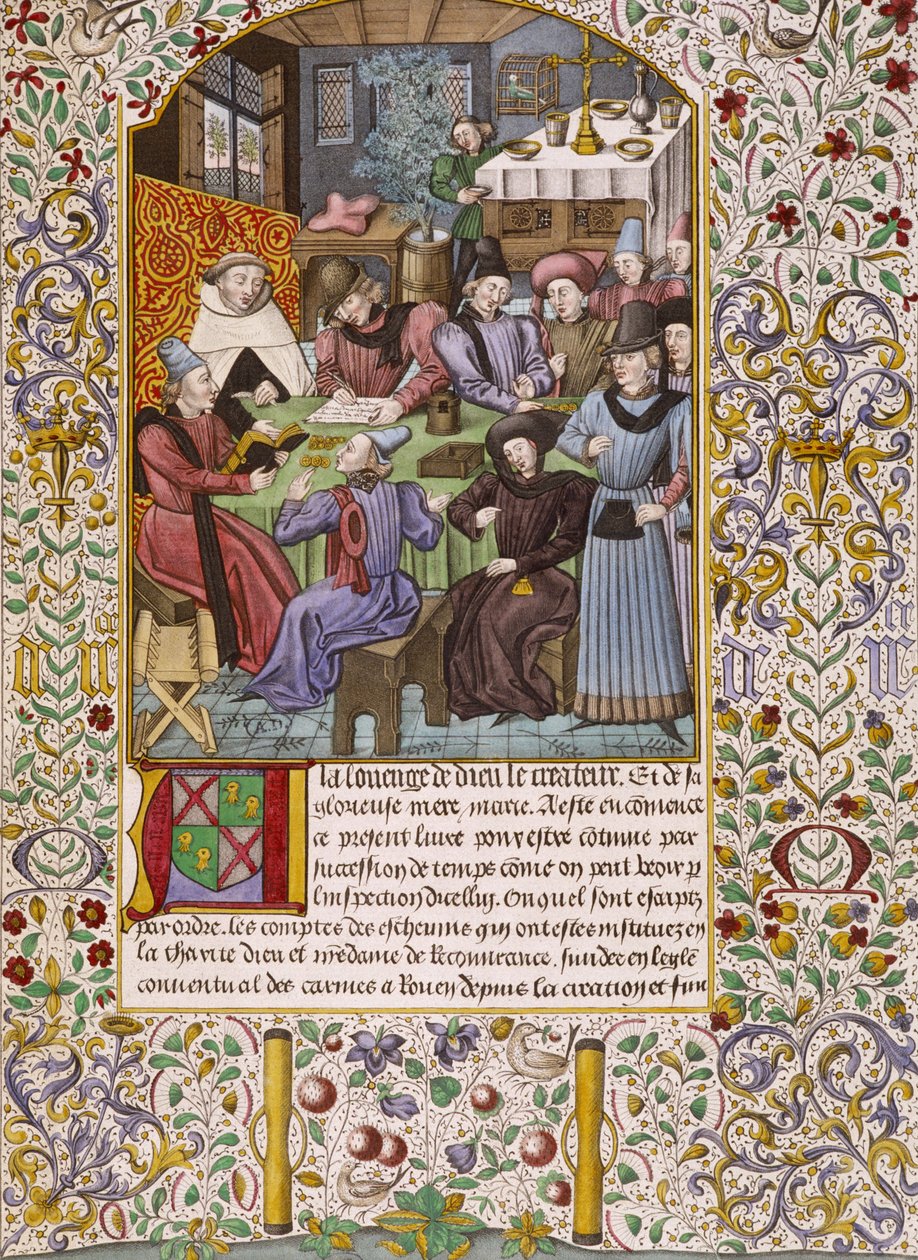 Primeira página de um livro de contas que representa um pagamento de anuidades - miniatura do século XV de Unknown artist