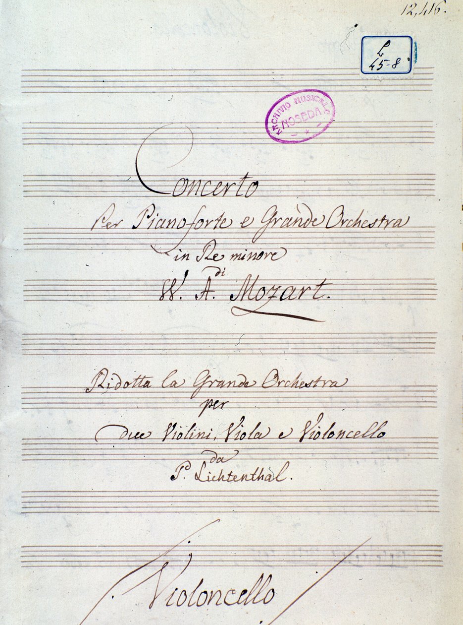 Primeira página de partituras para Concerto para piano e grande orquestra em D menor por Mozart, versão Lichtenthal (século XIX) de Unknown artist