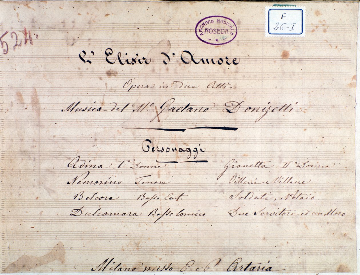 Primeira página de partituras para O elixir do amor, ópera de Gaetano Donizetti de Unknown artist