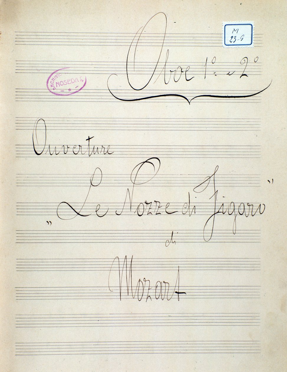 Primeira página de partituras para oboé de Le nozze di Figaro, oopera de Mozart (século XIX) de Unknown artist