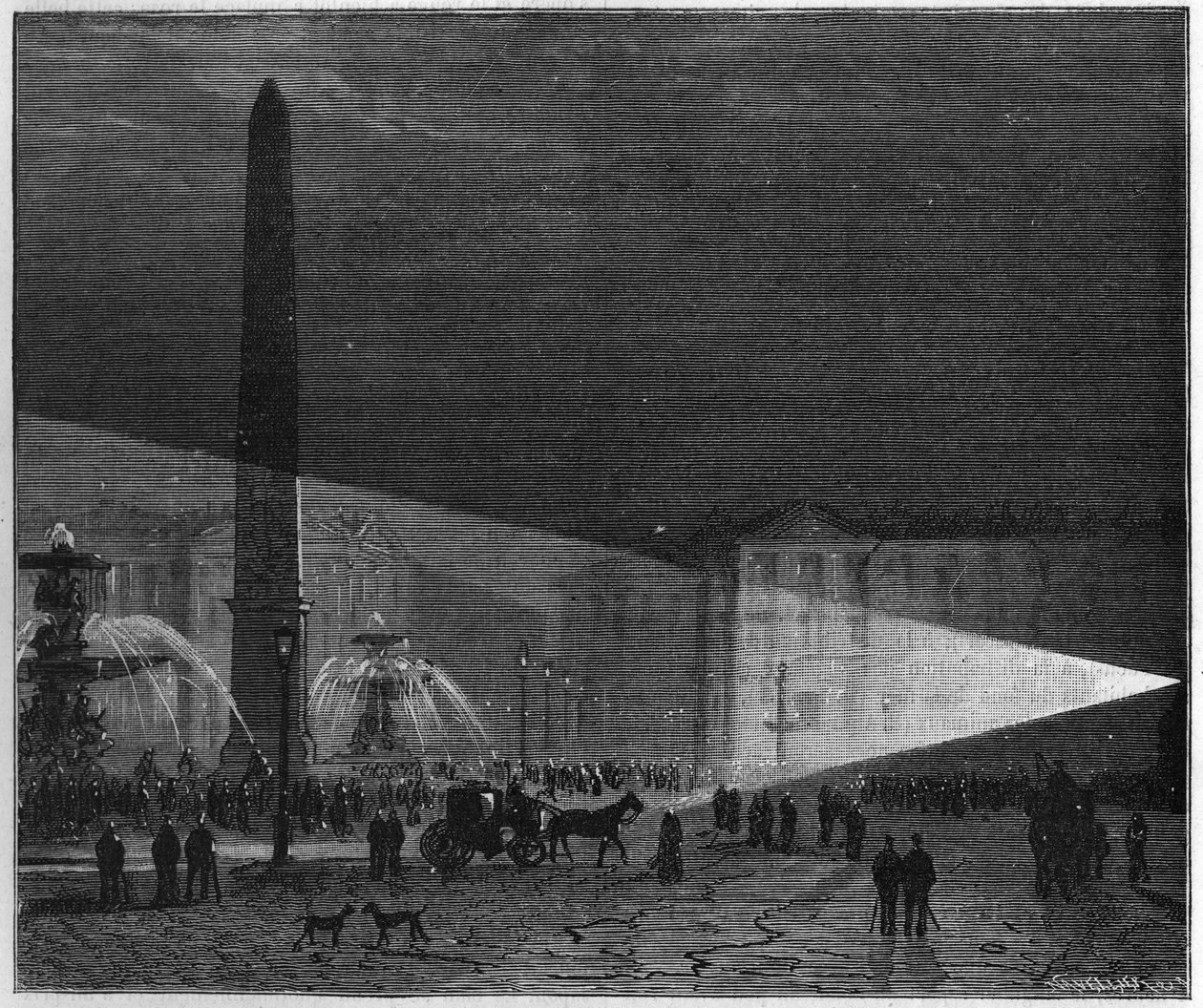 Primeira experiência pública de iluminação elétrica feita em Paris na Place de la Concorde por Deleuil e Leon Foucault no me de dezembro de 1844. em "La Nature". Revisão das ciências e suas aplicações para as artes e a indústria". de Unknown artist