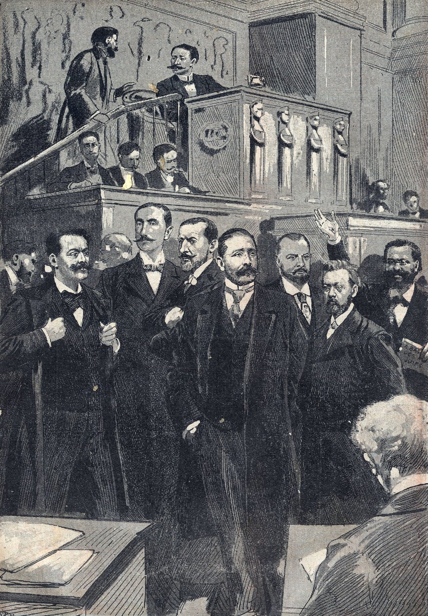 Primeira sessão da Câmara dos Deputados eleita em 1898: Paul Deschanel (1855-1922), Presidente da Câmara dos Deputados. Paul Adolphe Granier de Cassagnac (1842-1904), Lucien Millevoye (1850-1918), Paul Deroulede (1846-1914), Jacques Piou (1838-1932), Eugen de Unknown artist