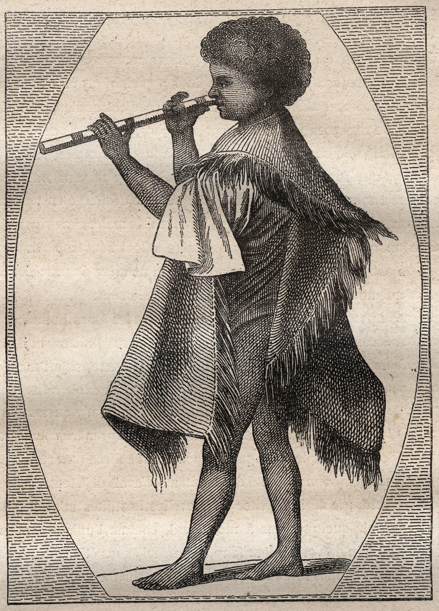 Primeira viagem (1768-1771) do capitão James Cook (1728-1779): Flautista taitiano - ilustração tirada de "The Great Mariners of the 18 century" (Os Grandes Marinheiros do Século XVIII) de Unknown artist