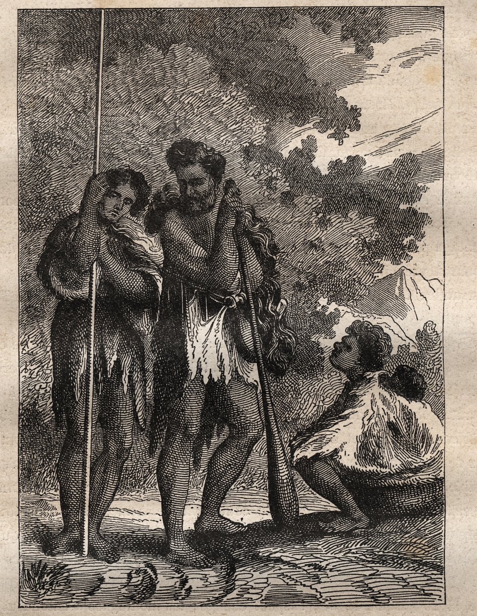Primeira viagem (1768-1771) do Capitão James Cook (1728-1779): uma família Neo-Zelandesa (Neo Zelandaise) - ilustração tirada de "Os Grandes Marinheiros do século XVIII". de Unknown artist